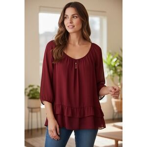 Joseph Ribkoff Burgundy Layered Ruffle Hem Blouse 171292V Red Tassel Top 10 NEW